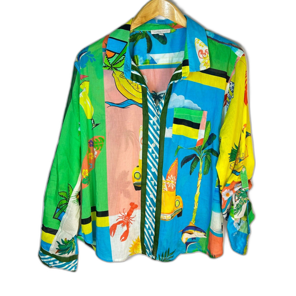 Lucky & Coco NWOT Women's Vibrant Tropical Patchwork Button Front LS Shirt Sz XL - Picture 2 of 15
